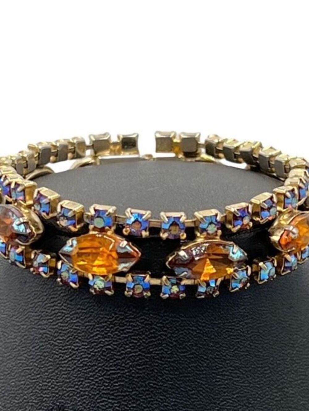 Vintage AB Blue and Topaz Glass Goldtone Rhinestone Bracelet